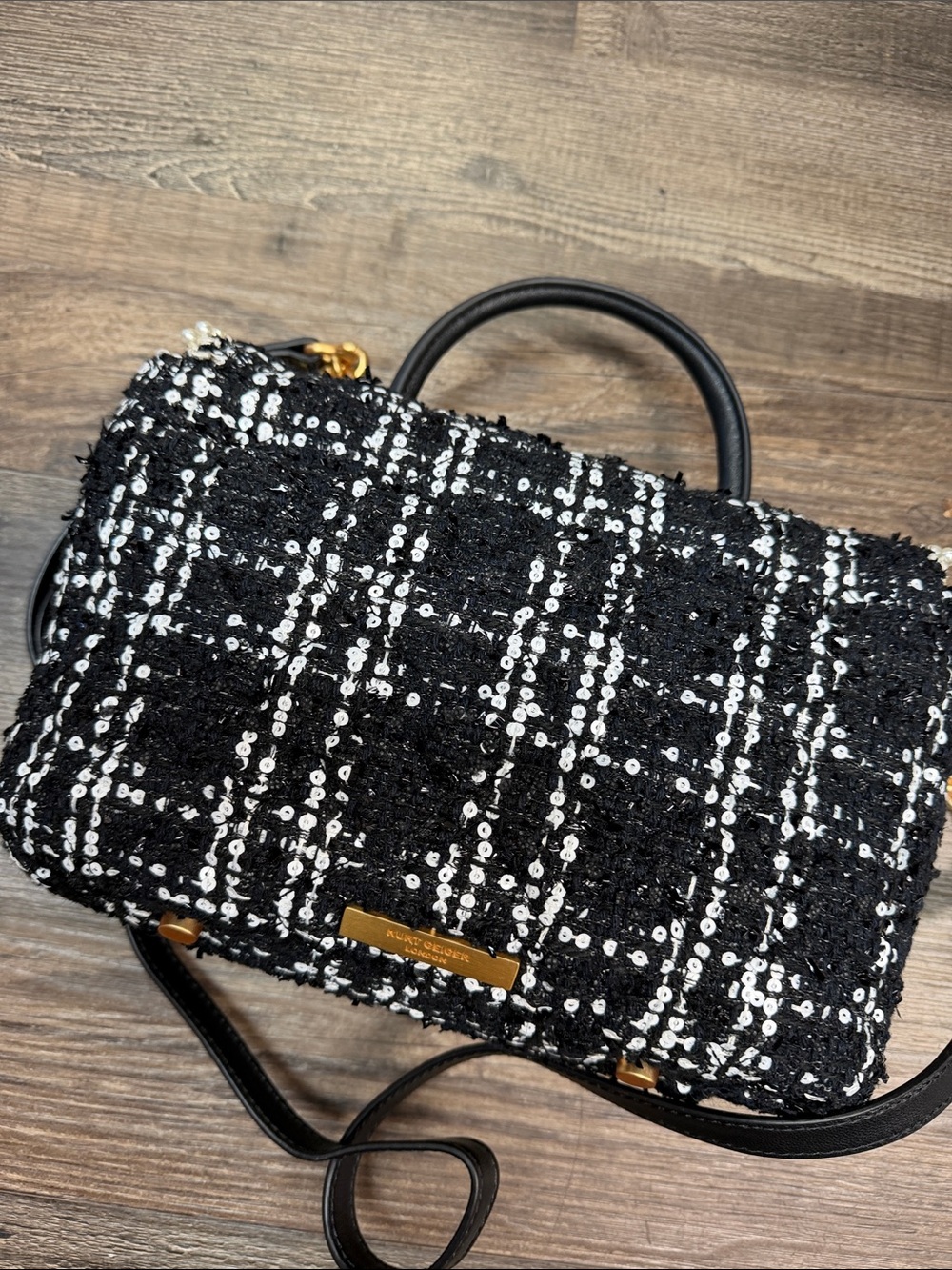 Kurt Geiger Tweed Black White Kensington Sequin Pearl Trim Handbag Purse - Picture 5 of 11